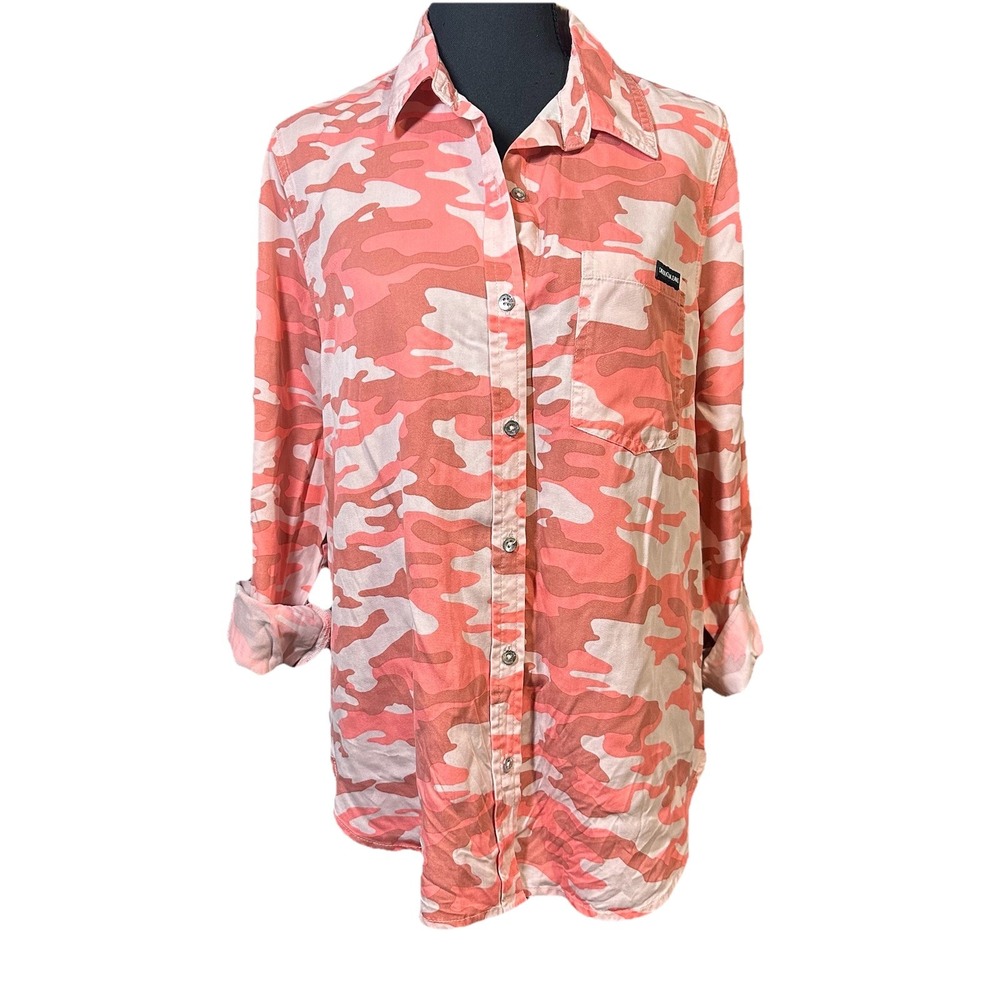 Calvin Klein Jeans Camo Pink Tencel Long Sleeve Button Up Shirt Size MED Women